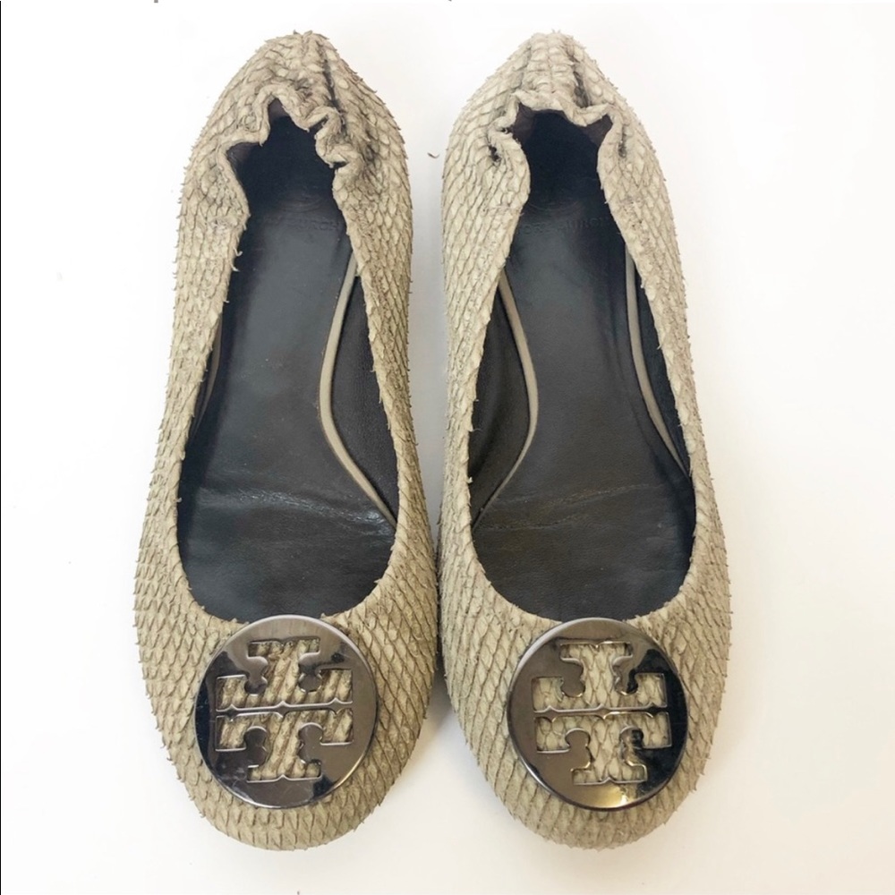 EUC Tory Burch Grey Reva Textured Snakeskin flats